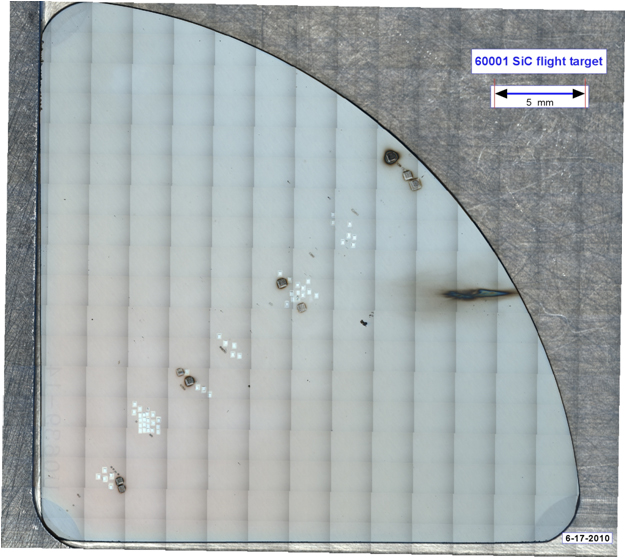 Mosaic image of a Genesis silicon carbide collector showing the effects of ion beam analyses by two science groups